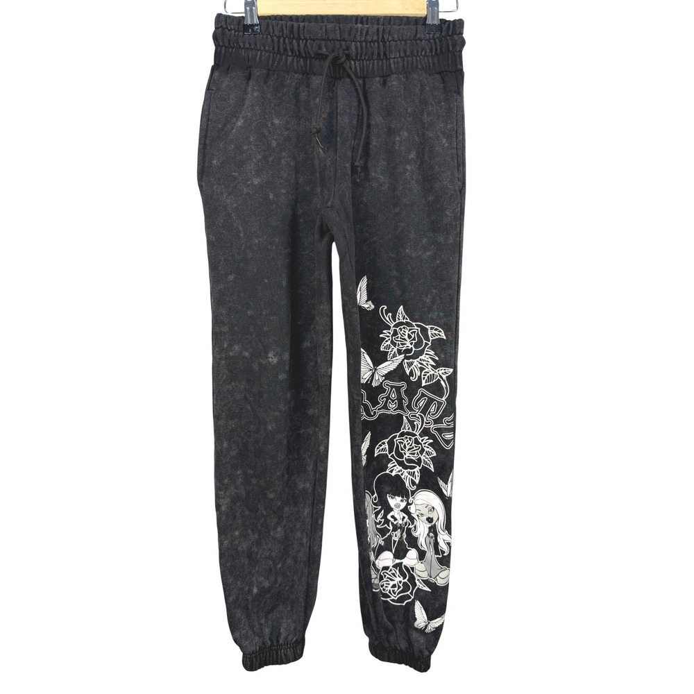 Bratz Womens Acid Wash Graphic Jogger Sweatpants Black XS‎ Rose Butterfly